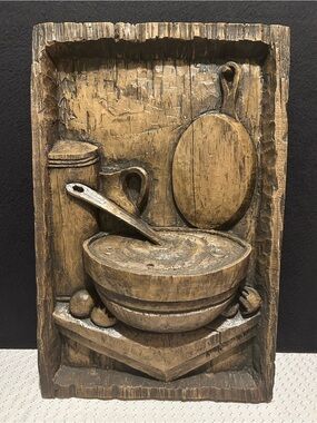 Vintage Faux Carved Wood Wall Hanging Rustic Kitchen Scene Signed By Kelley RC